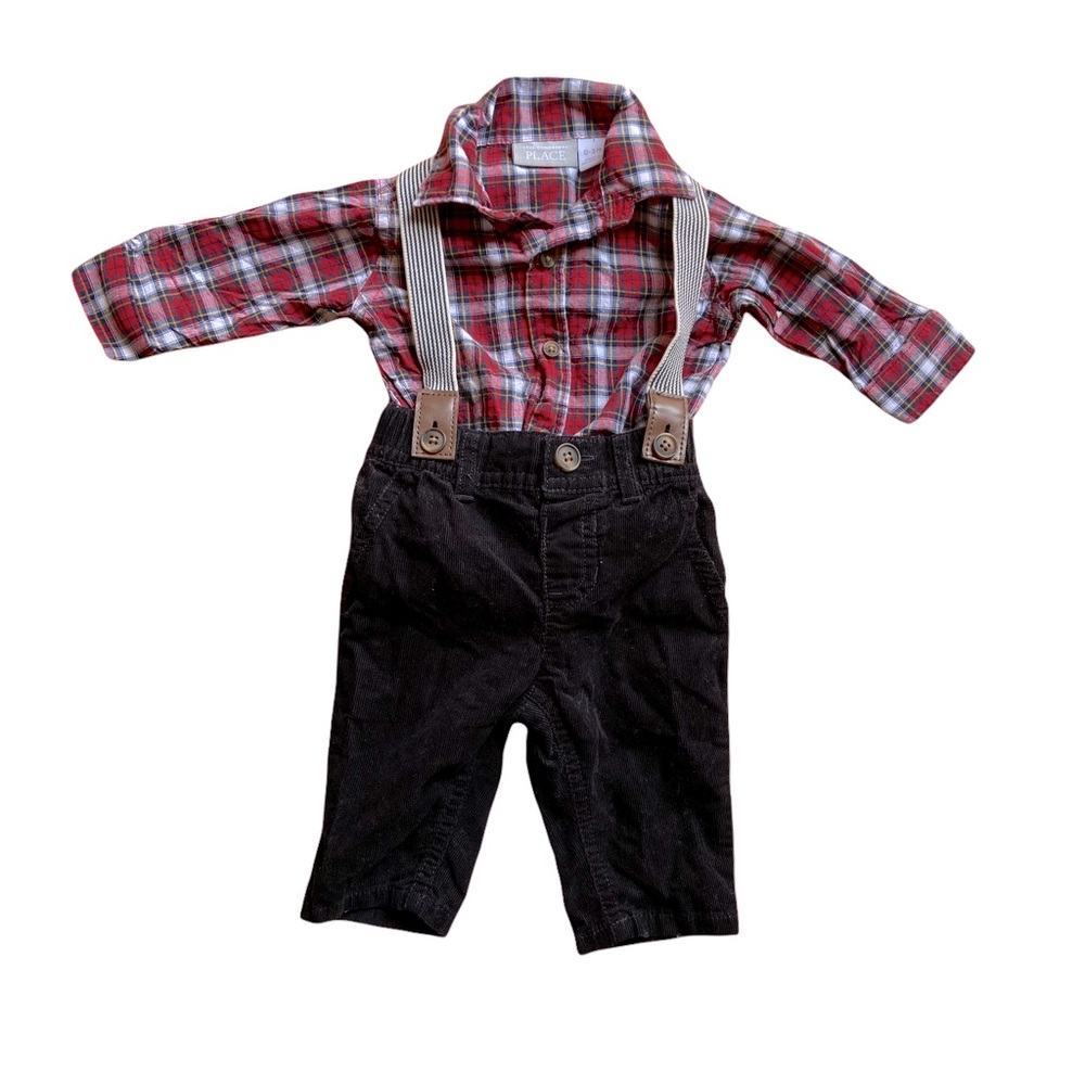 Baby Outfit Plaid Shirt Corduroy Pants & Suspenders Formal 0-3 months Church